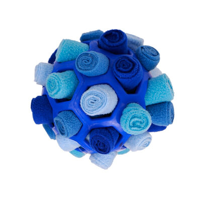 Red rubber pet sniff ball with pink, purple, and dark purple fleece rolls, featuring a treat-holding strap. - Image 3