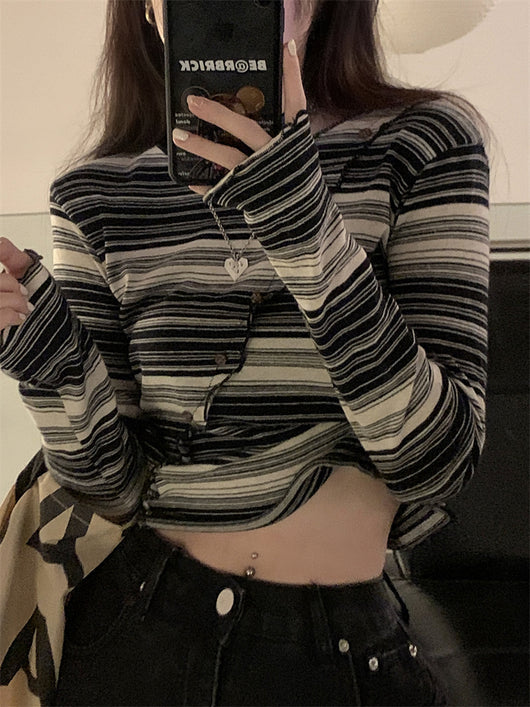 Top Cropped a Rayas Estilo Hip Hop Otoño para Mujer - Image 3
