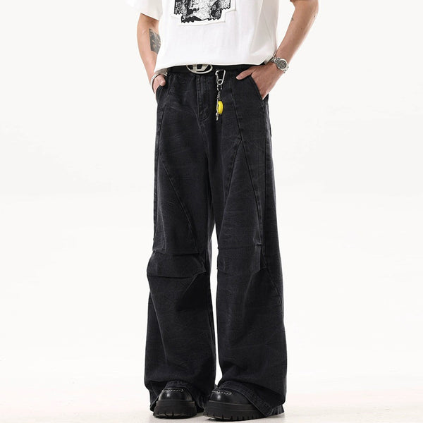 Jeans Negros Lavado Vintage con Pierna Ancha y Costuras Decorativas