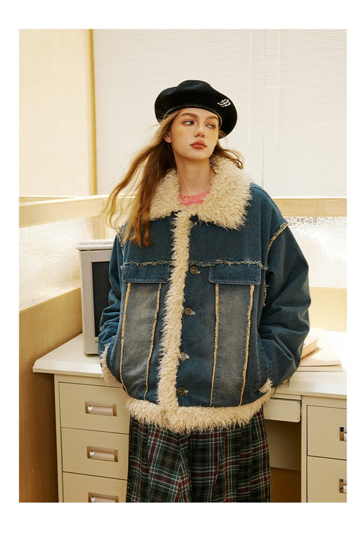 Abrigo Denim Retro con Cuello de Pelaje para Mujer - Image 8