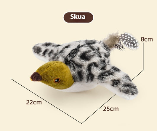 Electric simulation bird cat toy with black and white speckled plush body, olive green head, and feathered tail. Includes a black sling for hanging and USB char - Image 10