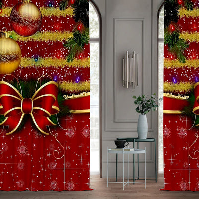 Pair of Christmas curtains with a 3D digital print of a snowy winter window scene, frosted trees, and snowflakes. - Image 37