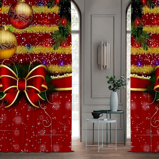 Pair of Christmas curtains with a 3D digital print of a snowy winter window scene, frosted trees, and snowflakes. - Image 37