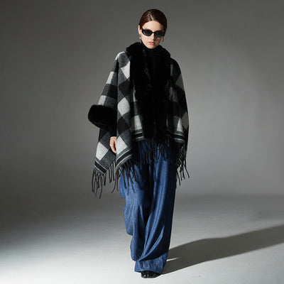 Chal Cuadros Blanco y Negro con Cuello de Piel - Estilo Europeo Otoño Invierno