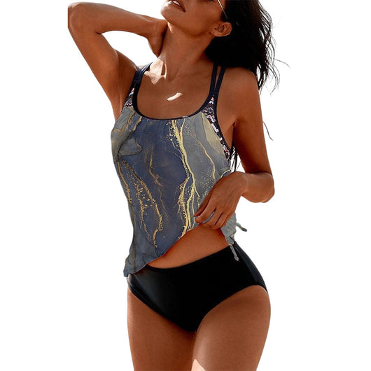 Women's black tankini top with a scoop neck and orange, white, and black striped shoulder straps. - Image 10