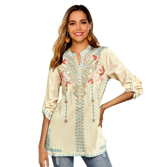 Camisa Bordada de Manga Larga con Cuello Mao