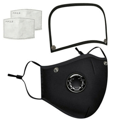 Gray cotton face mask with a breathing valve, adjustable ear loops, and a detachable clear face shield. Includes two PM2.5 filters. - Image 5