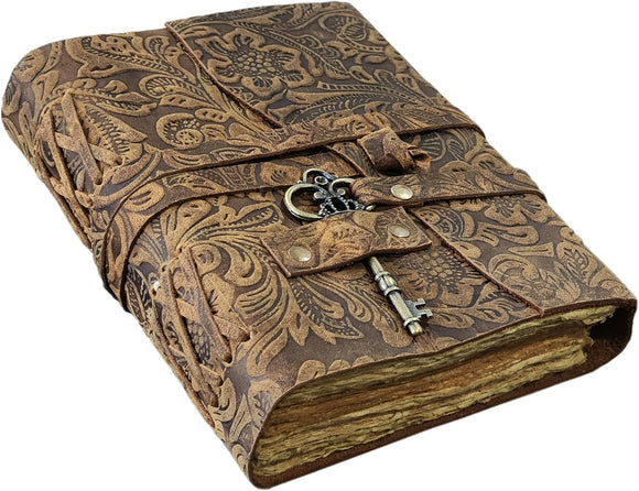 Cuaderno Vintage de Cuero de Búfalo con Patrón Floral en Relieve