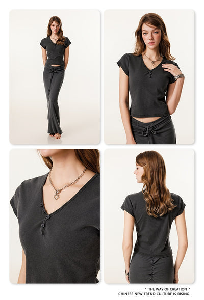 Blusa Retro Americana Slim Fit Cuello V Manga Corta - Image 12