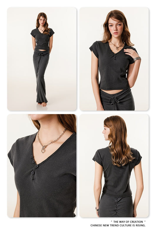 Blusa Retro Americana Slim Fit Cuello V Manga Corta - Image 12