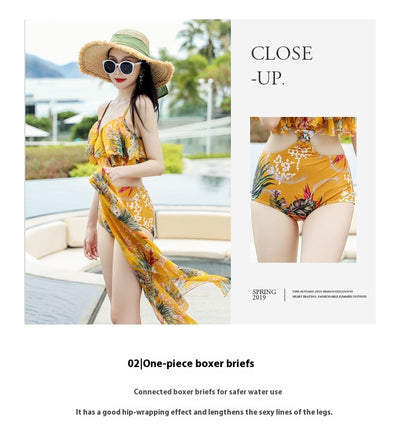 Pink tropical print three-piece women's swimwear set with ruffled bikini top, high-waisted bottoms, and matching sarong. - Image 25