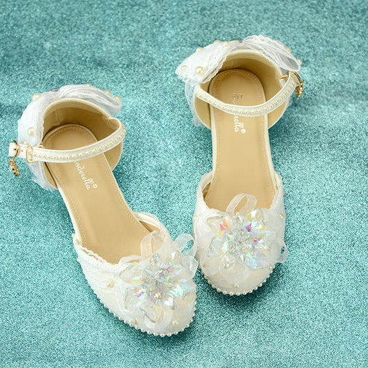 Zapatos de Cuero Elegantes con Cristales para Niñas - Tacón Alto Verano