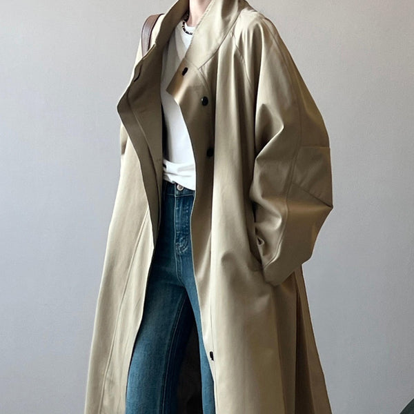 Abrigo Trinchera Largo Mujer Cuello Alzado Oversized Abotonado Simple
