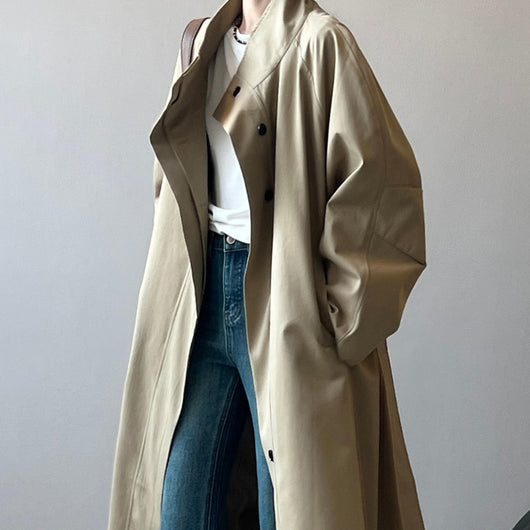 Abrigo Trinchera Largo Mujer Cuello Alzado Oversized Abotonado Simple