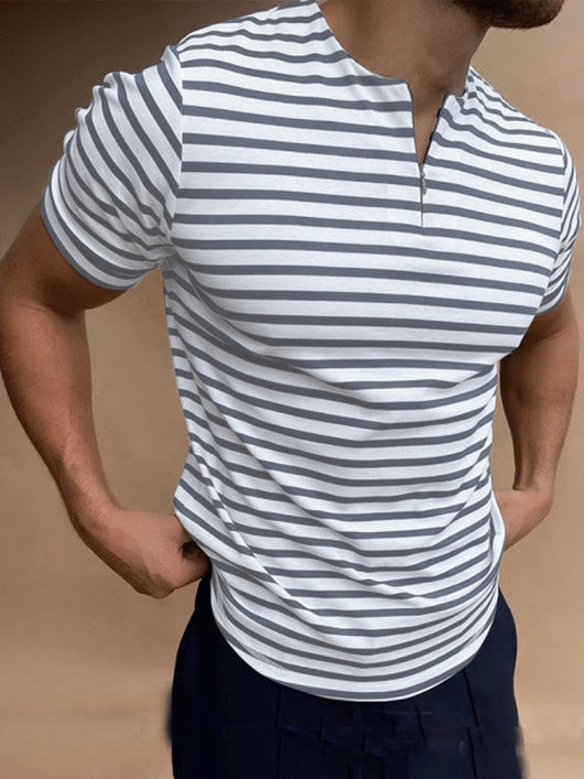 Camiseta Casual de Algodón con Cuello V y Rayas para Hombre - Image 2