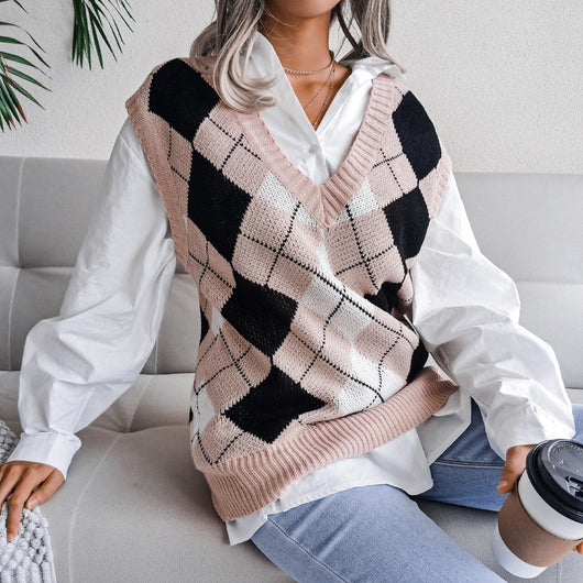 Suéter Escote en V con Diamantes - Estilo Universitario Europeo para Otoño e Invierno - Image 8