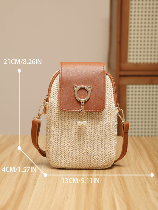 Bolsa para Teléfono de Paja con Perla y Borla Elegante - Image 7