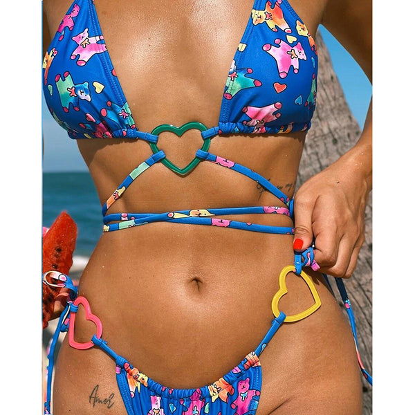 Bikini Azul con Detalle de Corazón y Tirante Estampado