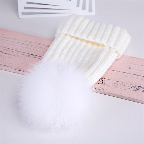 Gorro de Lana con Pompón de Piel Real de Mapache y Zorro