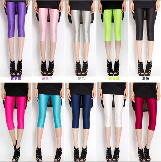 Leggings Brillantes de Siete Puntos - Colores Sólidos Efecto Brillo