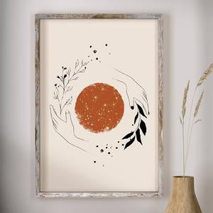 Arte Abstracto Nórdico Moderno con Sol y Luna en Línea Dorada
