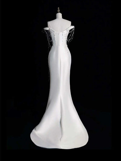 Vestido de Fiesta Satinado Hombros Descubiertos con Perlas - Image 4