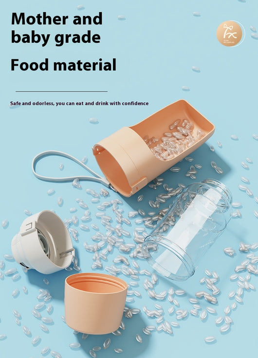 White 2-in-1 travel dog water bottle and food dispenser with a clear compartment and gray lanyard for pets. - Image 24