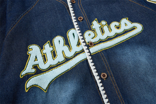 Camisa Denim Estilo Vintage Americana con Bordado Flocked - Image 13