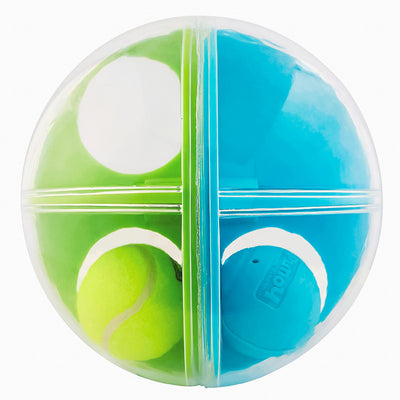 Clear round dog puzzle toy with four compartments, two holding green tennis balls and two holding blue squeaky balls. - Image 6