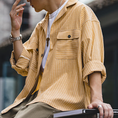 Camisa Manga Larga Cuello Cubano a Rayas Amarillo Vintage para Hombre - Image 5