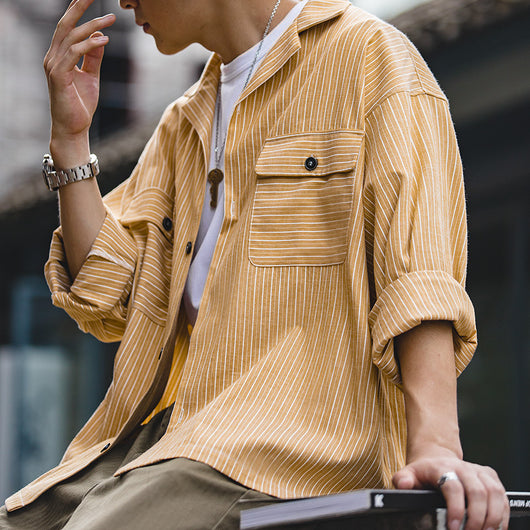 Camisa Manga Larga Cuello Cubano a Rayas Amarillo Vintage para Hombre - Image 5