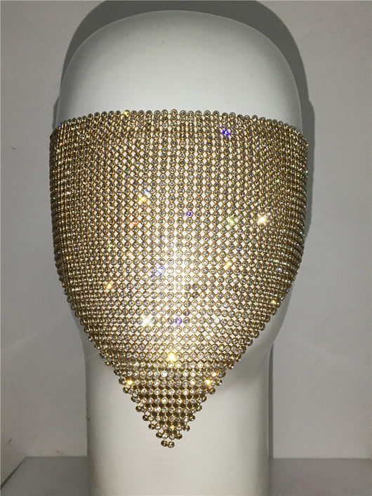 Gold rhinestone mask made of metal mesh, covering the face from the eyes to below the chin, displayed on a white mannequin head. - Image 30