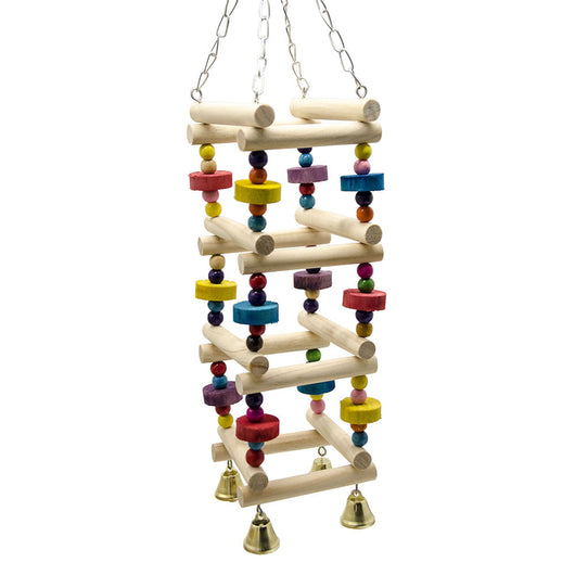 Colorful wooden bird toy with ladder-style perches, round beads, and bells, designed for parrots and parakeets. - Image 4
