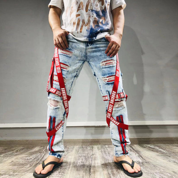Jeans Slim Fit Azul Marino con Cierre y Rotos Modernos