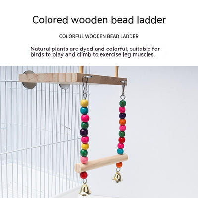 Wooden bird perch and swing set with colorful beads and bells, showing dimensions of 14cm x 12cm platform and 17cm swing height. - Image 8