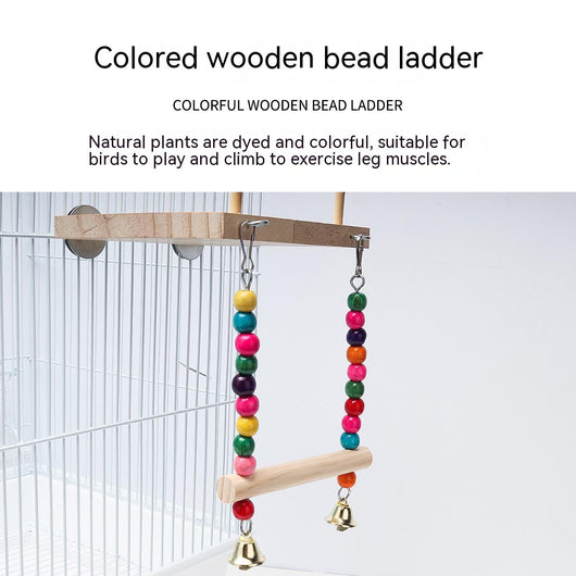 Wooden bird perch and swing set with colorful beads and bells, showing dimensions of 14cm x 12cm platform and 17cm swing height. - Image 8