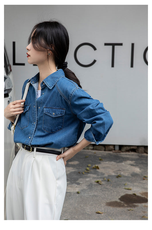 Camisa Denim Retro Azul - Prenda Versátil de Manga Larga - Image 22