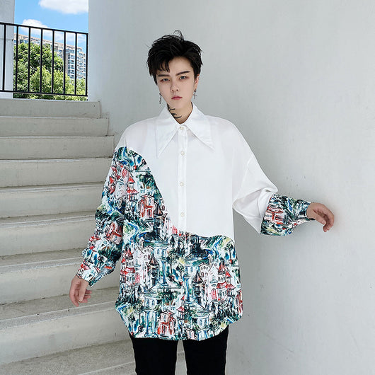 Camisa Suelta Asimétrica con Estampado de Arquitectura Graffiti para Hombre - Image 5