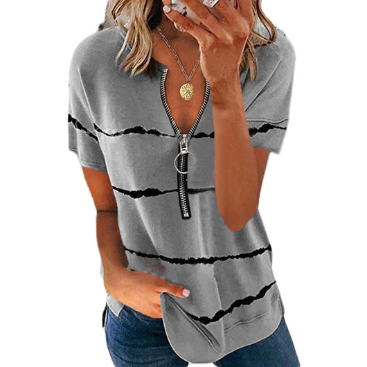 Camiseta Suelta para Mujer con Cremallera, Estampado y Rayas - Image 3