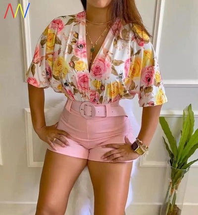 Conjunto de 2 Piezas Primavera Crop Top Floral Escote V Manga Media - Image 13