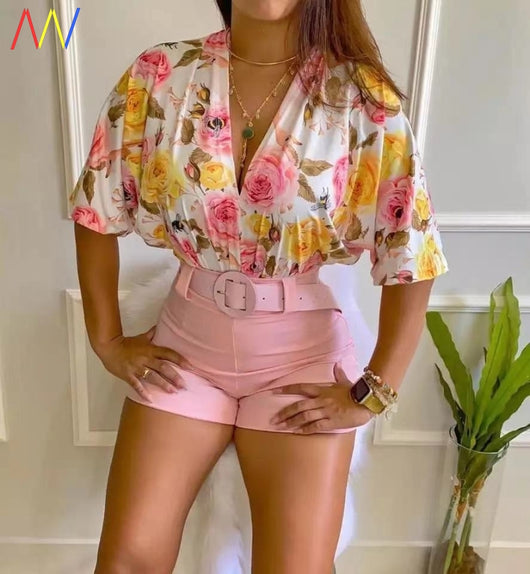 Conjunto de 2 Piezas Primavera Crop Top Floral Escote V Manga Media - Image 13