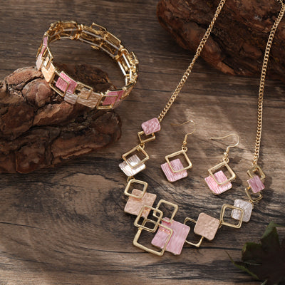 Conjunto de Aretes, Pulsera y Collar con Cuadrados Geométricos Pintados en Óleo - Image 5