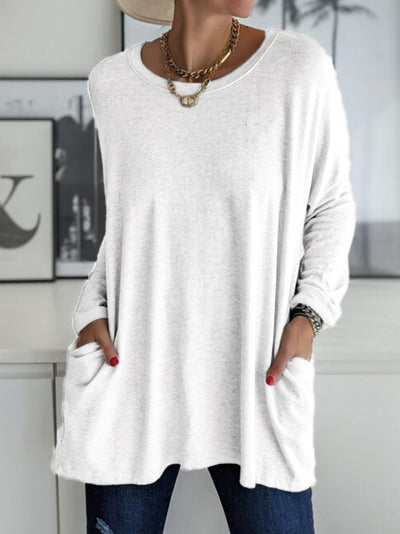 Blusa Suelta de Manga Larga y Cuello Redondo con Bolsillos - Colores Sólidos - Image 6