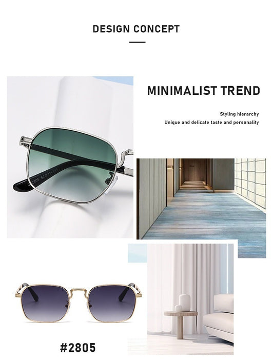 Gold frame square-oval sunglasses with gradient black and grey lenses and black temple tips on a white background. - Image 24