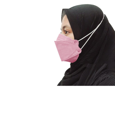 Orange KF94-style headloop face mask worn by an adult with a black hijab, designed for respiratory protection. - Image 5