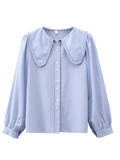 Blusa Cuello Bebé Azul Manga Larga Diseño Sofisticado para Mujer - Image 4