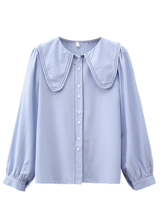 Blusa Cuello Bebé Azul Manga Larga Diseño Sofisticado para Mujer - Image 4