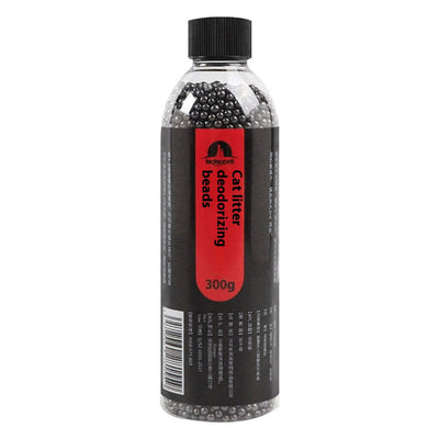 Clear plastic bottle of black cat litter deodorizing beads with a black and red label, 300g. - Image 8