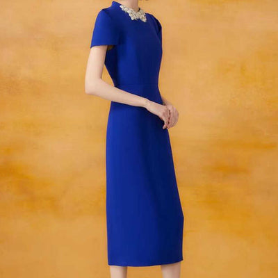Vestido Elegante Azul Royal con Detalles Florales y Cuentas - Image 11