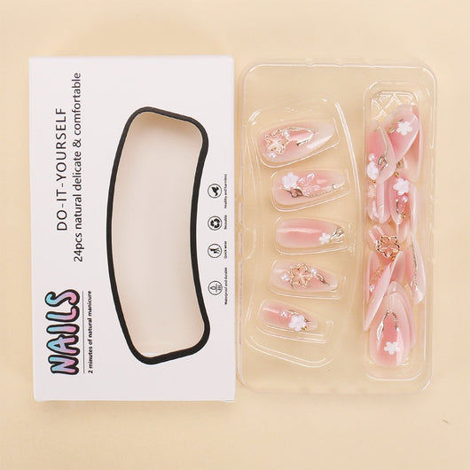 Uñas Postizas con Degradado Floral y Acabado Dorado - Image 8